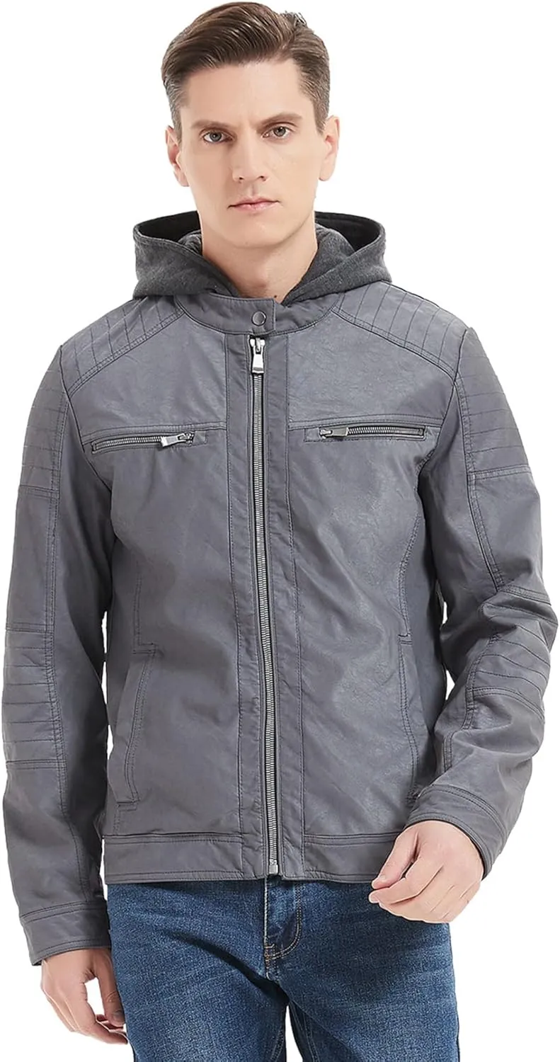RISISSIDA Men's Faux Leather Bomber Jacket for Fall Winter and Spring, Warm Double Zipper Up Coat with Detachable Hood