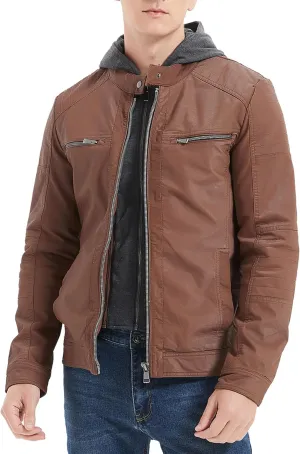 RISISSIDA Men's Faux Leather Bomber Jacket for Fall Winter and Spring, Warm Double Zipper Up Coat with Detachable Hood