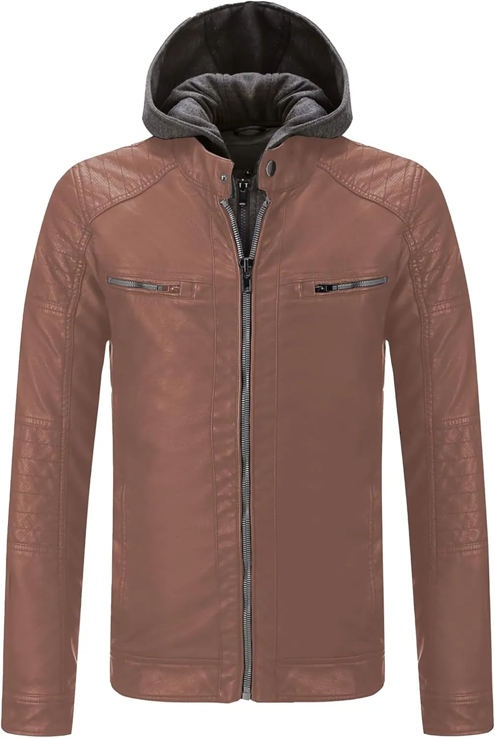 RISISSIDA Men's Faux Leather Bomber Jacket for Fall Winter and Spring, Warm Double Zipper Up Coat with Detachable Hood
