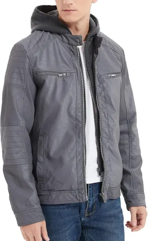 RISISSIDA Men's Faux Leather Bomber Jacket for Fall Winter and Spring, Warm Double Zipper Up Coat with Detachable Hood
