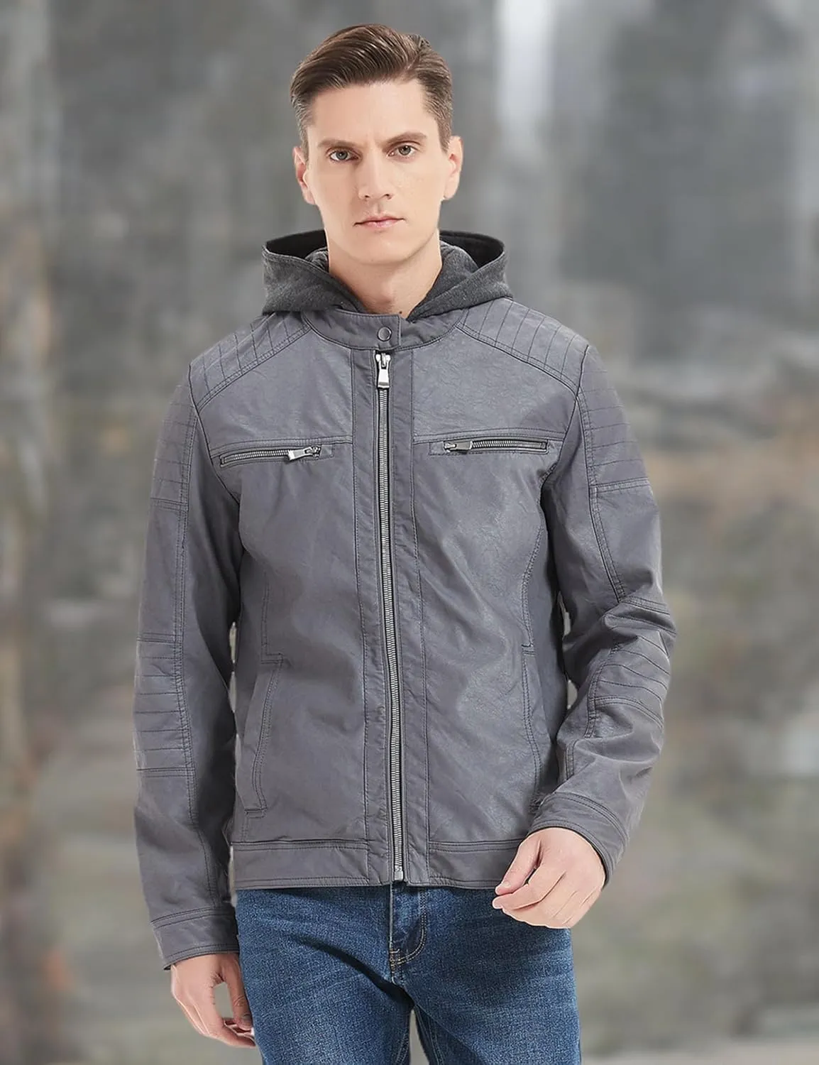 RISISSIDA Men's Faux Leather Bomber Jacket for Fall Winter and Spring, Warm Double Zipper Up Coat with Detachable Hood