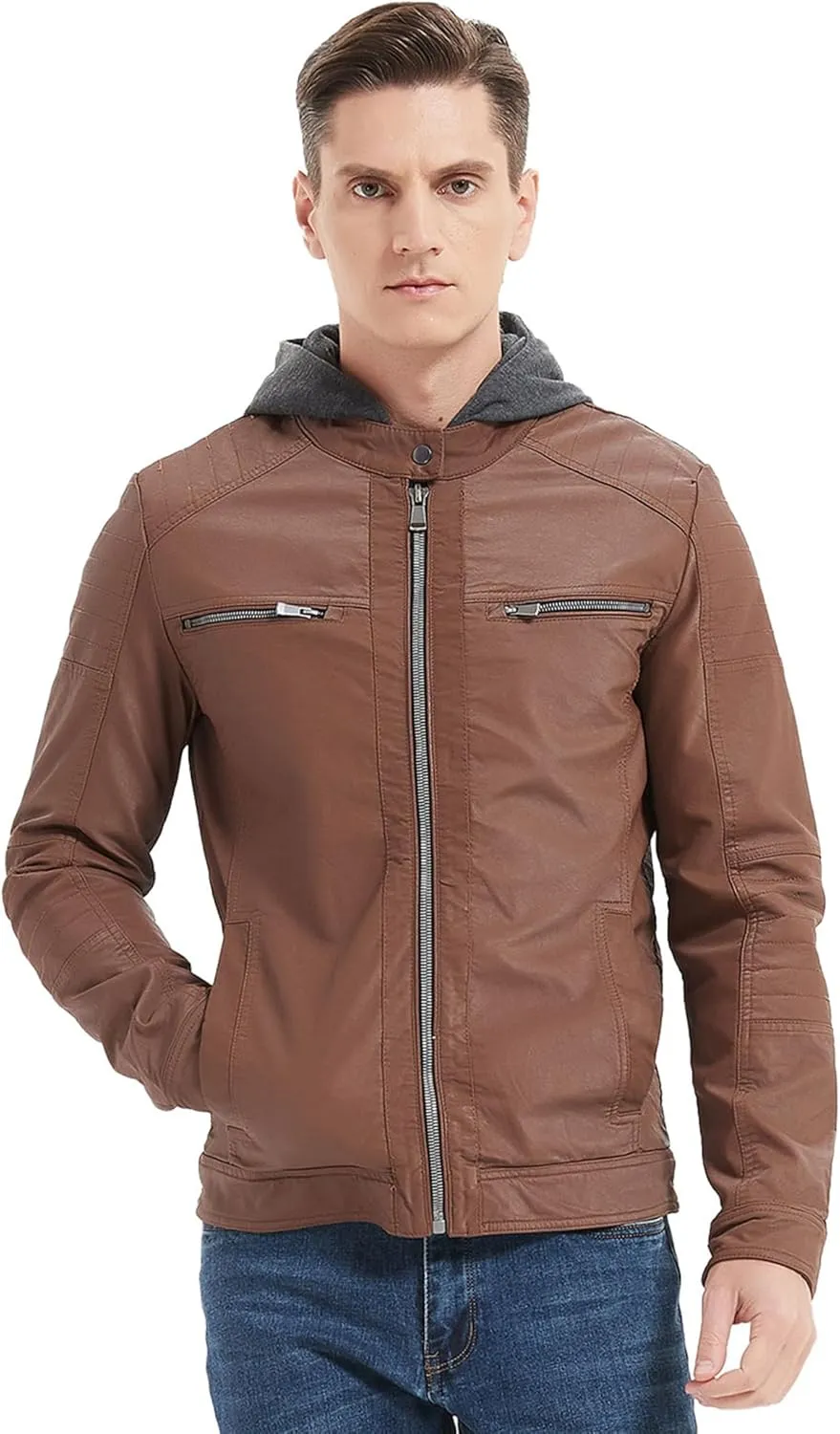 RISISSIDA Men's Faux Leather Bomber Jacket for Fall Winter and Spring, Warm Double Zipper Up Coat with Detachable Hood