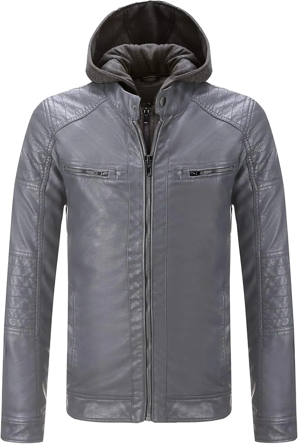 RISISSIDA Men's Faux Leather Bomber Jacket for Fall Winter and Spring, Warm Double Zipper Up Coat with Detachable Hood