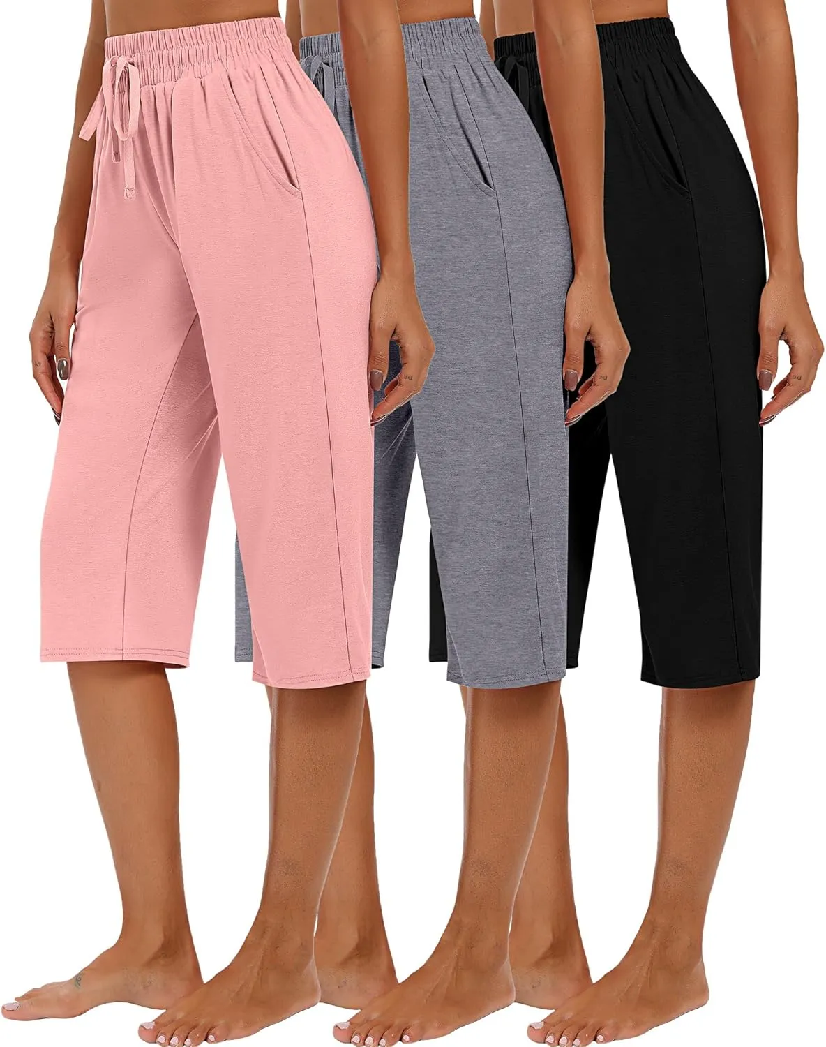 Riyiper 3 Pack Women Causal Capri Pants Drawstring Lounge Yoga Capri Sweatpants Loose Wide Leg Crop Trousers with Pockets