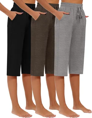 Riyiper 3 Pack Women Causal Capri Pants Drawstring Lounge Yoga Capri Sweatpants Loose Wide Leg Crop Trousers with Pockets