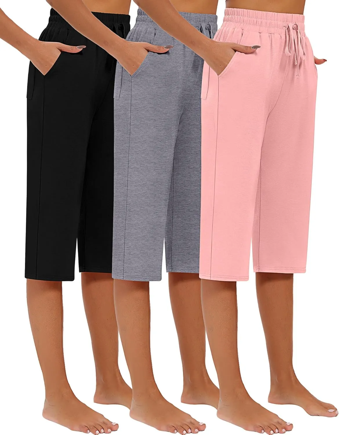 Riyiper 3 Pack Women Causal Capri Pants Drawstring Lounge Yoga Capri Sweatpants Loose Wide Leg Crop Trousers with Pockets