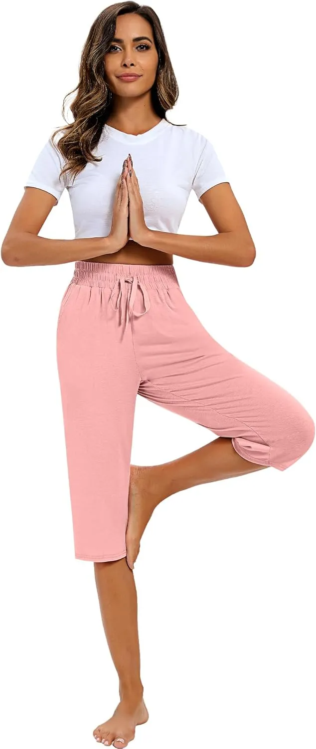 Riyiper 3 Pack Women Causal Capri Pants Drawstring Lounge Yoga Capri Sweatpants Loose Wide Leg Crop Trousers with Pockets