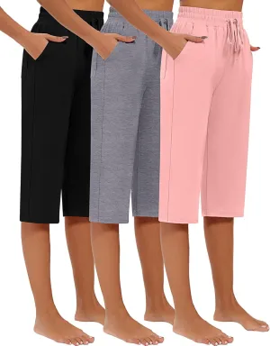 Riyiper 3 Pack Women Causal Capri Pants Drawstring Lounge Yoga Capri Sweatpants Loose Wide Leg Crop Trousers with Pockets