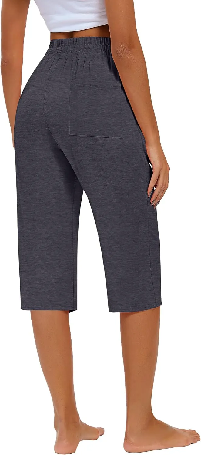 Riyiper 3 Pack Women Causal Capri Pants Drawstring Lounge Yoga Capri Sweatpants Loose Wide Leg Crop Trousers with Pockets