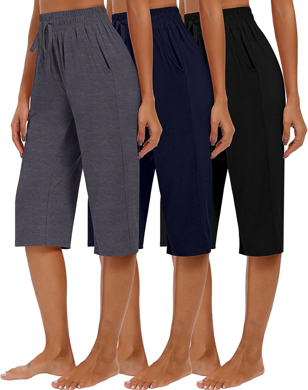 Riyiper 3 Pack Women Causal Capri Pants Drawstring Lounge Yoga Capri Sweatpants Loose Wide Leg Crop Trousers with Pockets