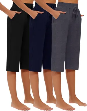 Riyiper 3 Pack Women Causal Capri Pants Drawstring Lounge Yoga Capri Sweatpants Loose Wide Leg Crop Trousers with Pockets