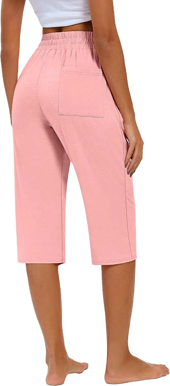 Riyiper 3 Pack Women Causal Capri Pants Drawstring Lounge Yoga Capri Sweatpants Loose Wide Leg Crop Trousers with Pockets