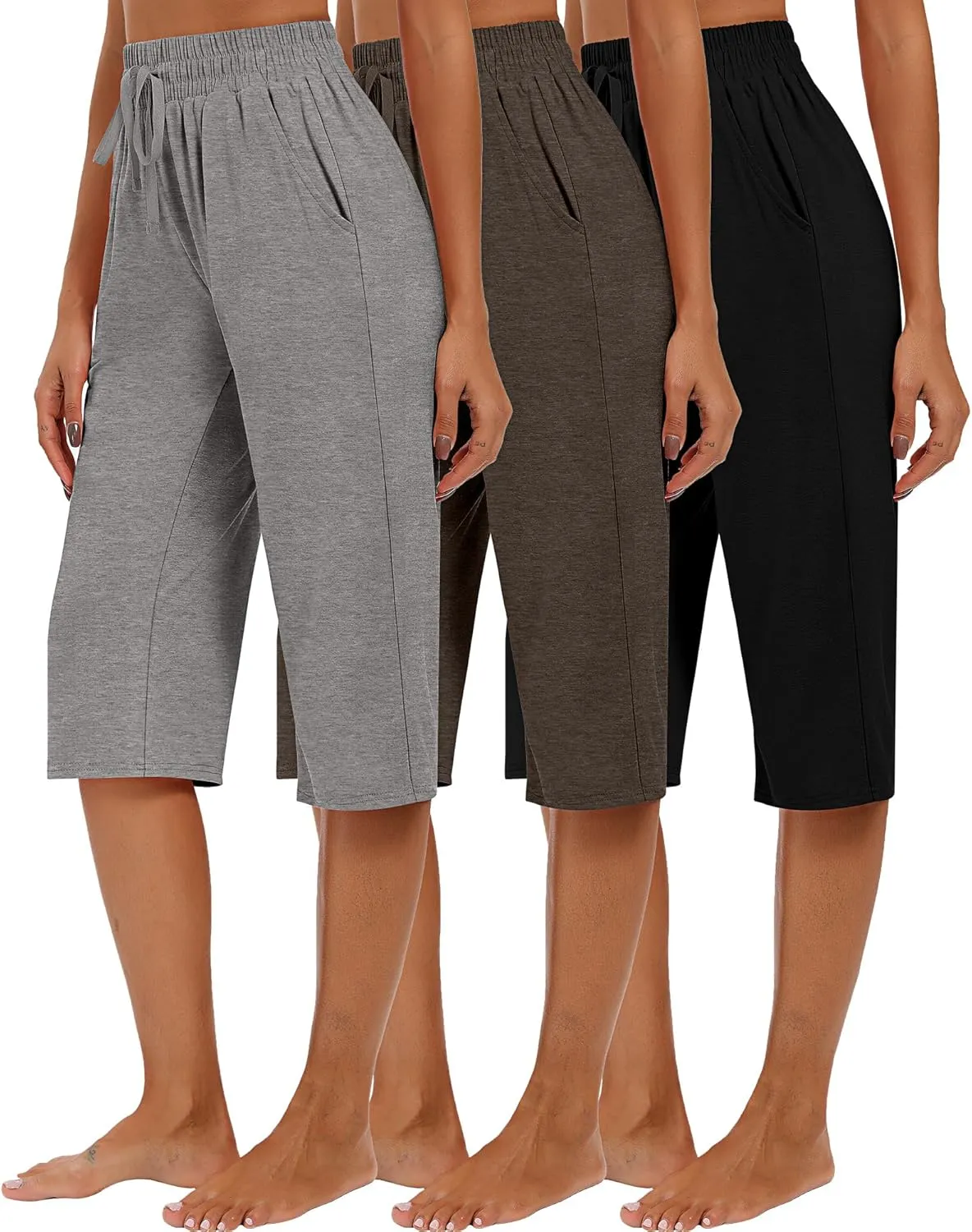 Riyiper 3 Pack Women Causal Capri Pants Drawstring Lounge Yoga Capri Sweatpants Loose Wide Leg Crop Trousers with Pockets
