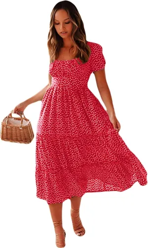 Roll Up Fashion Women's Girls Spring Summer Floral Midi Dress Ruffle Hem Puff Sleeves Cute Trendy Dresses