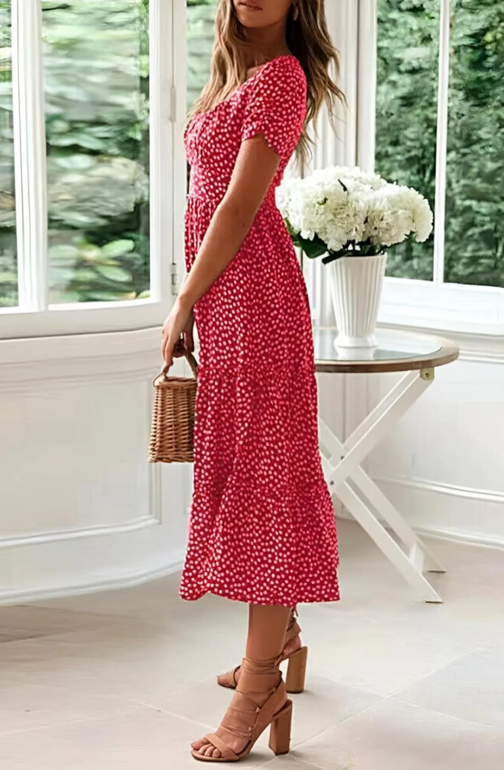 Roll Up Fashion Women's Girls Spring Summer Floral Midi Dress Ruffle Hem Puff Sleeves Cute Trendy Dresses