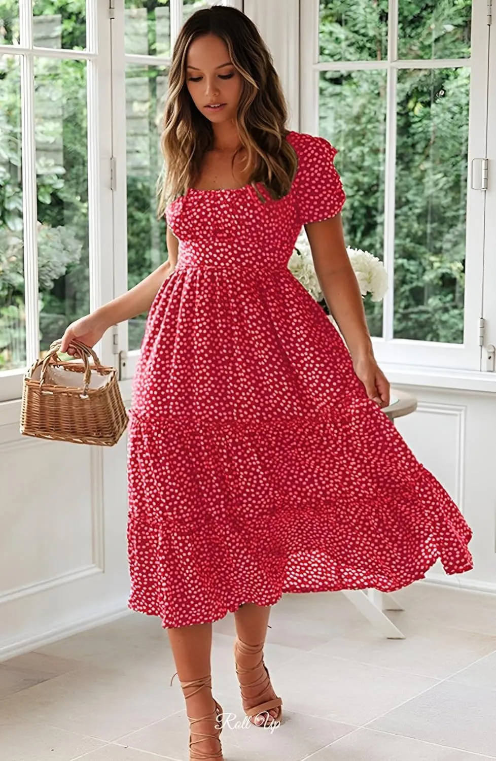 Roll Up Fashion Women's Girls Spring Summer Floral Midi Dress Ruffle Hem Puff Sleeves Cute Trendy Dresses
