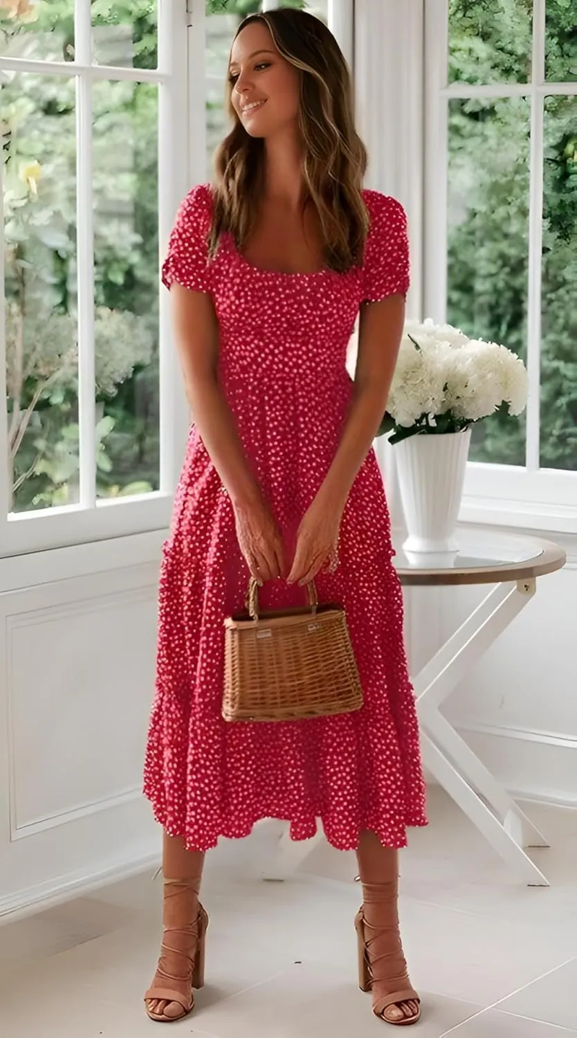 Roll Up Fashion Women's Girls Spring Summer Floral Midi Dress Ruffle Hem Puff Sleeves Cute Trendy Dresses