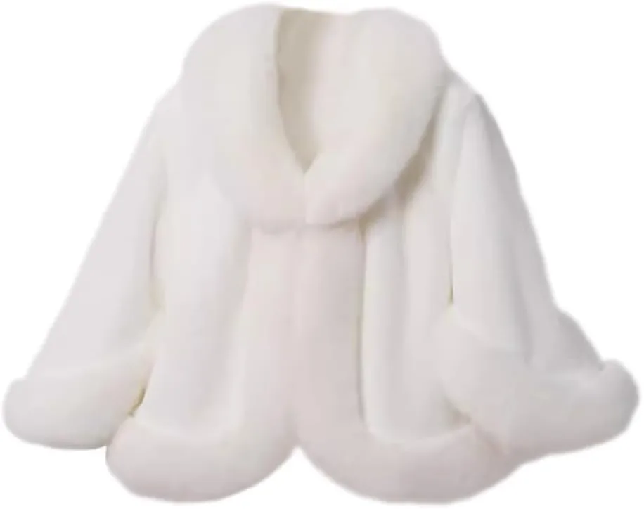RomanticDesign Women's Short Faux Fur Outerwear Fluffy Bridal Wedding Shawl Winter Warm Cloak