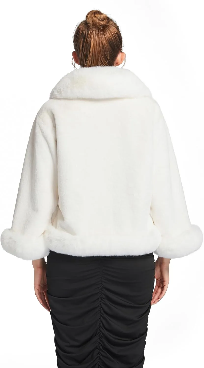 RomanticDesign Women's Short Faux Fur Outerwear Fluffy Bridal Wedding Shawl Winter Warm Cloak