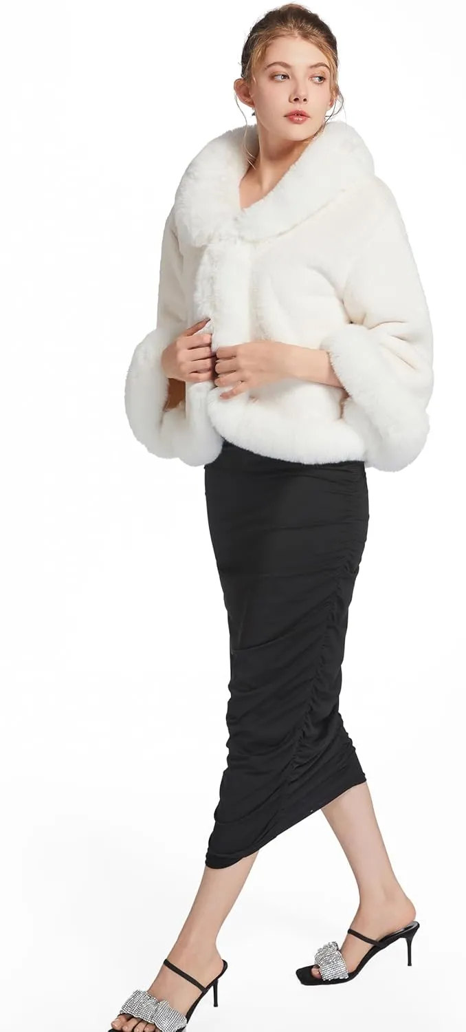 RomanticDesign Women's Short Faux Fur Outerwear Fluffy Bridal Wedding Shawl Winter Warm Cloak