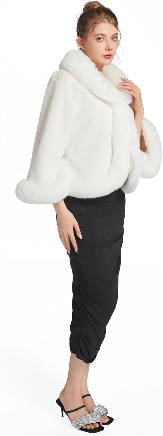 RomanticDesign Women's Short Faux Fur Outerwear Fluffy Bridal Wedding Shawl Winter Warm Cloak