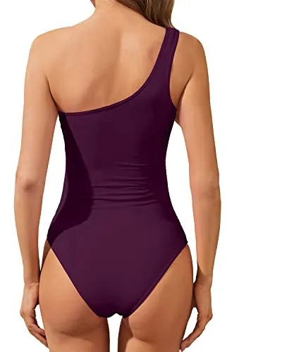 Ruched Tummy Control One Shoulder One Piece Swimsuits For Women-Maroon