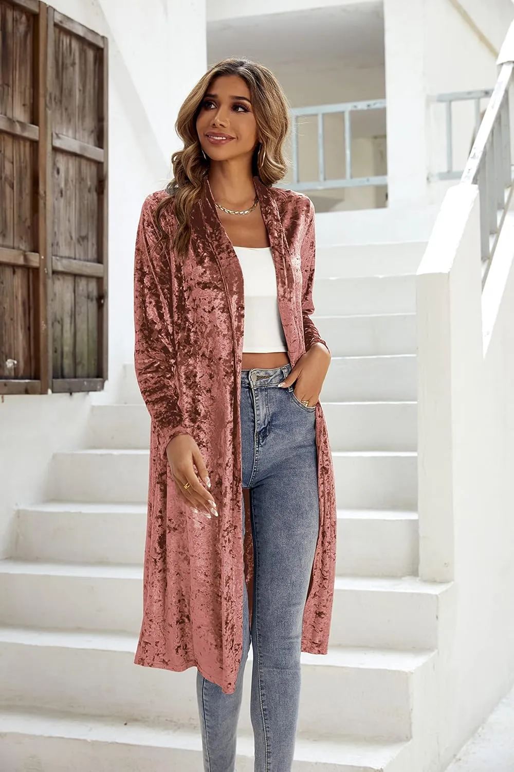 R.Vivimos Women's Long Sleeves Casual Velvet Jacket Open Front Cardigan Coat Outerwear