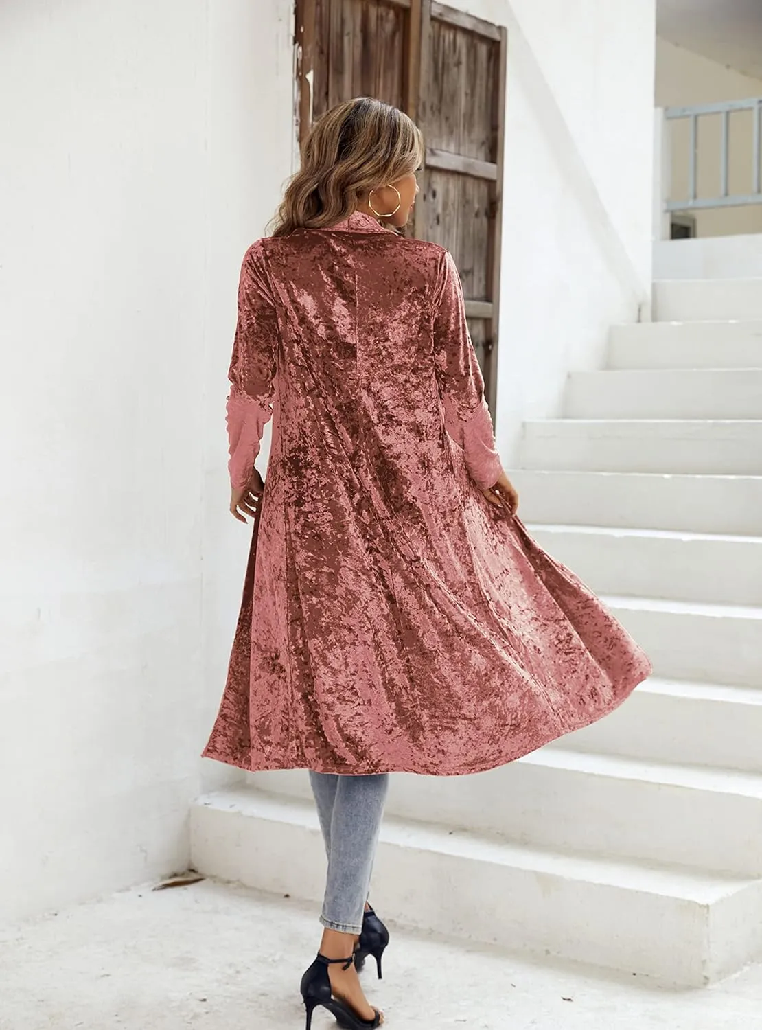 R.Vivimos Women's Long Sleeves Casual Velvet Jacket Open Front Cardigan Coat Outerwear
