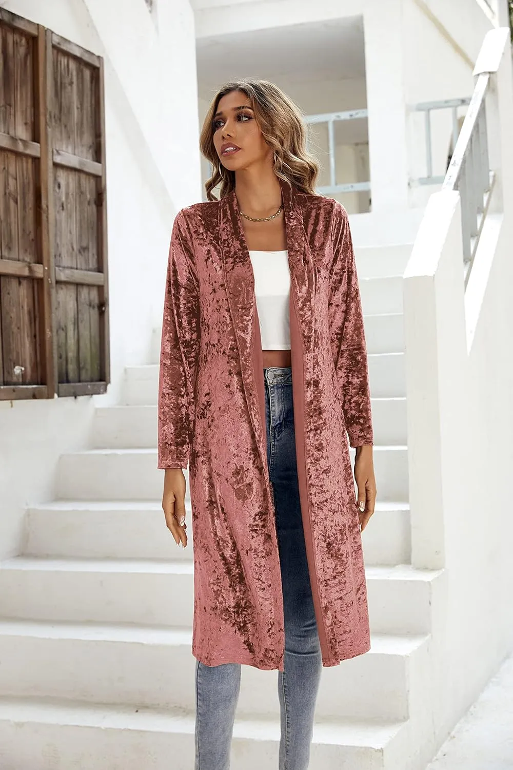 R.Vivimos Women's Long Sleeves Casual Velvet Jacket Open Front Cardigan Coat Outerwear
