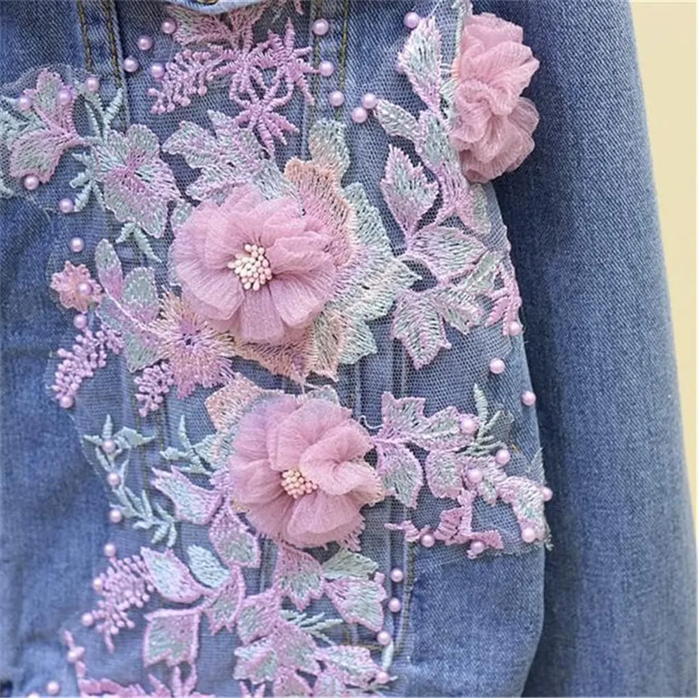 SaoBiiu Autumn Women Denim Jacket Embroidery Floral Jean Jacket Beading Pearl Ripped Hole Outerwear