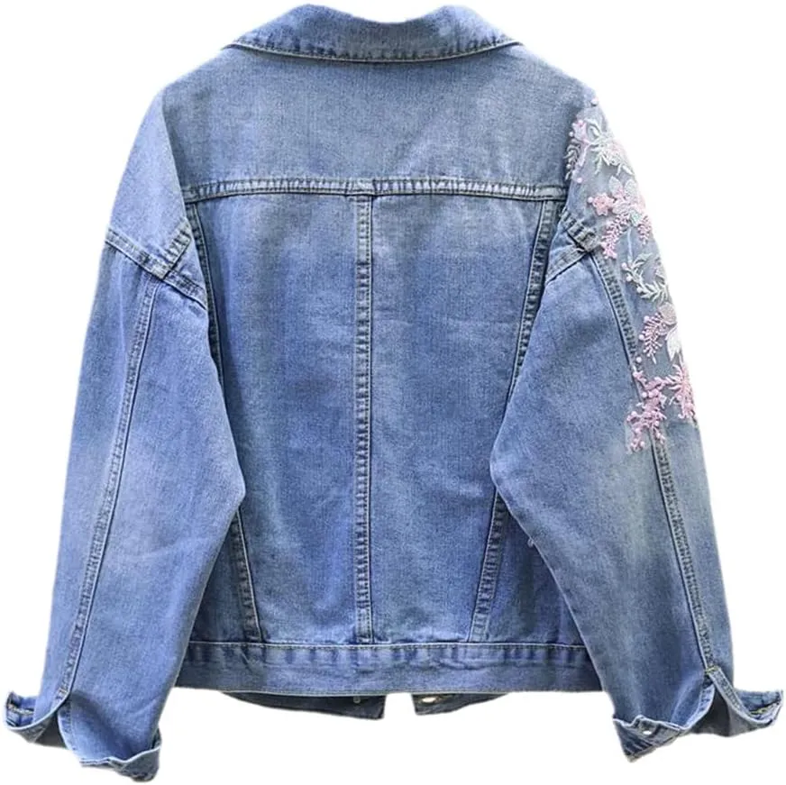 SaoBiiu Autumn Women Denim Jacket Embroidery Floral Jean Jacket Beading Pearl Ripped Hole Outerwear
