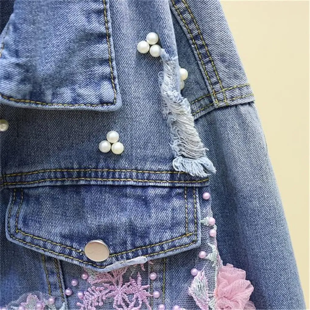 SaoBiiu Autumn Women Denim Jacket Embroidery Floral Jean Jacket Beading Pearl Ripped Hole Outerwear
