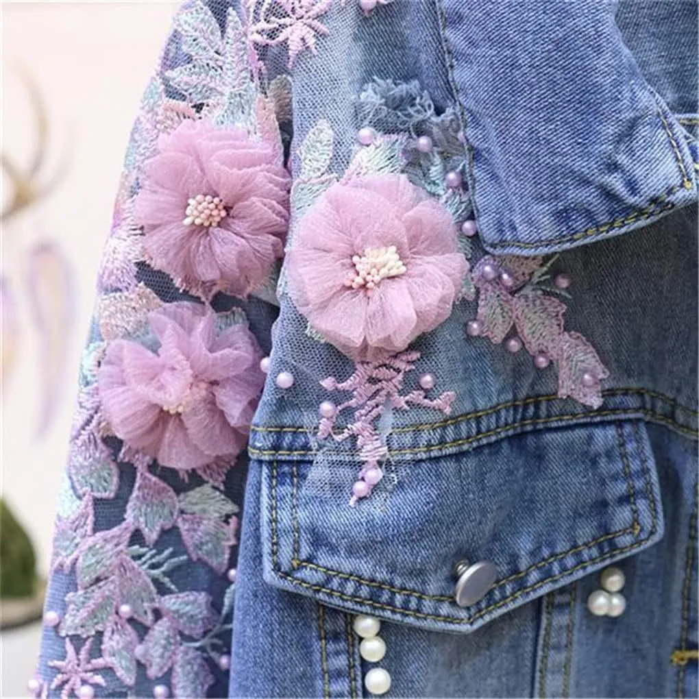 SaoBiiu Autumn Women Denim Jacket Embroidery Floral Jean Jacket Beading Pearl Ripped Hole Outerwear