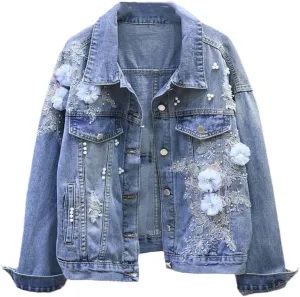 SaoBiiu Women Denim Jacket Embroidery Dimensional Floral Jeans Jacket Beading Pearl Ripped Hole Outerwear
