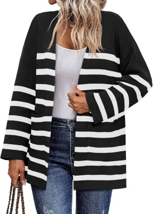 Saodimallsu Womens Oversized Striped Cardigans Open Front Chunky Knit Casual Loose Fit Long Sleeve Sweater Coats