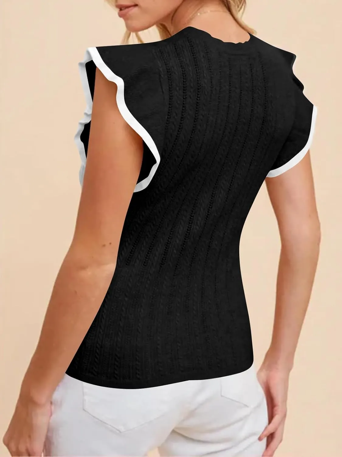 Saodimallsu Womens Summer Sleeveless Sweaters Vest Slimming Crewneck Cable Knit Ruffle Sweater Tank Tops Casual Work Tops