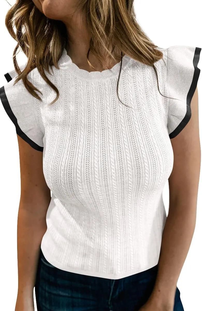 Saodimallsu Womens Summer Sleeveless Sweaters Vest Slimming Crewneck Cable Knit Ruffle Sweater Tank Tops Casual Work Tops