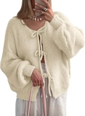 Saodimallsu Womens Tie Front Cardigan Sweaters Cute Bow Puff Long Sleeve 2024 Fall Loose Ribbed Knit Trendy Sweater Tops