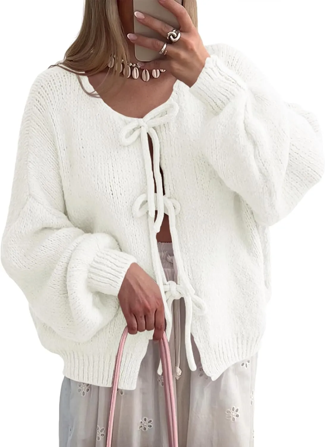 Saodimallsu Womens Tie Front Cardigan Sweaters Cute Bow Puff Long Sleeve 2024 Fall Loose Ribbed Knit Trendy Sweater Tops