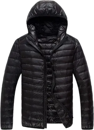 Saohuo Mens Down Jacket Hooded Lightweight Packable Long Sleeve Zip Puffer Jacket Winter Padded Bubble Outwear Warm Cozy Coat Black