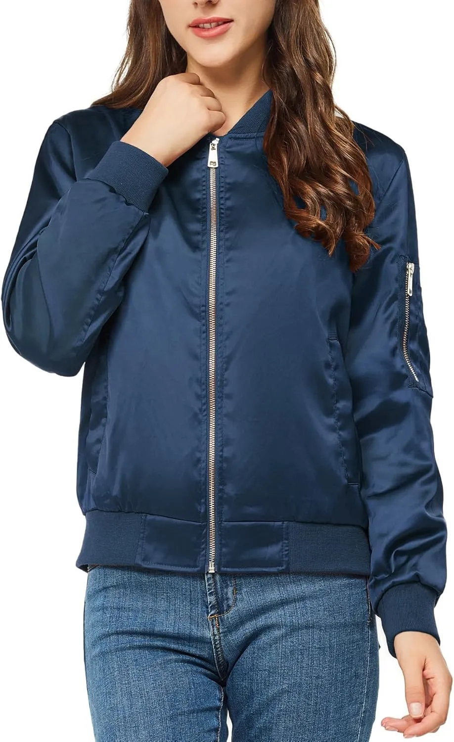 Satin Bomber Jacket Women Casual Fall Varsity Jackets Zip Up Outerwear Windbreaker with Pockets