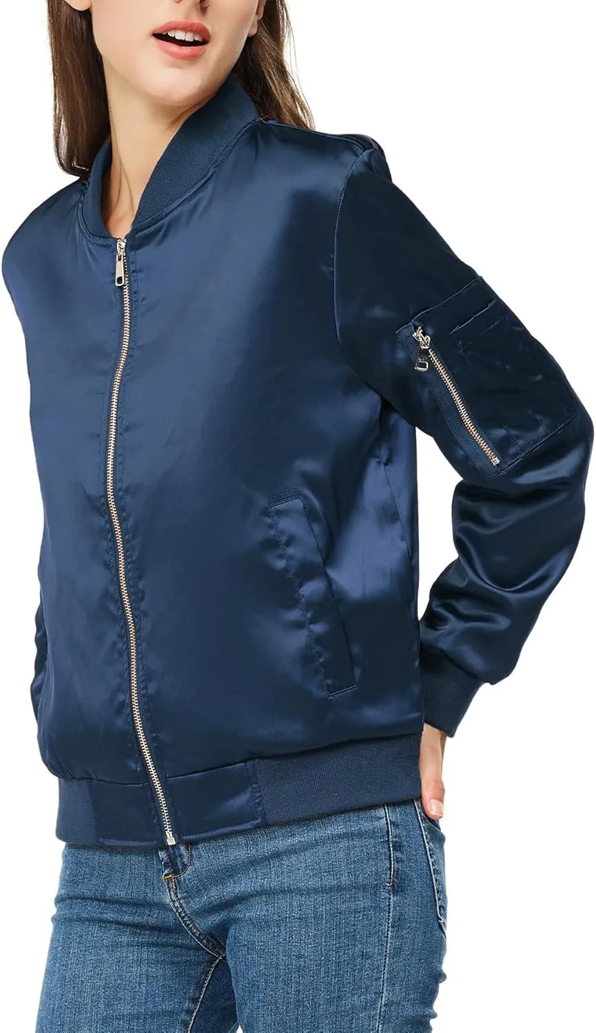 Satin Bomber Jacket Women Casual Fall Varsity Jackets Zip Up Outerwear Windbreaker with Pockets