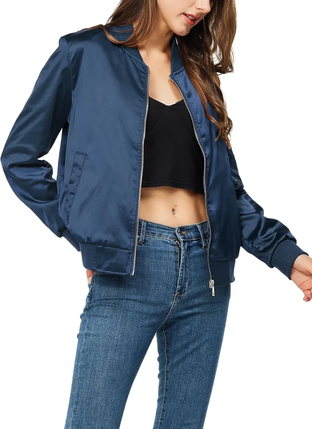 Satin Bomber Jacket Women Casual Fall Varsity Jackets Zip Up Outerwear Windbreaker with Pockets
