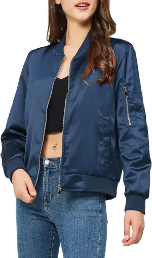 Satin Bomber Jacket Women Casual Fall Varsity Jackets Zip Up Outerwear Windbreaker with Pockets