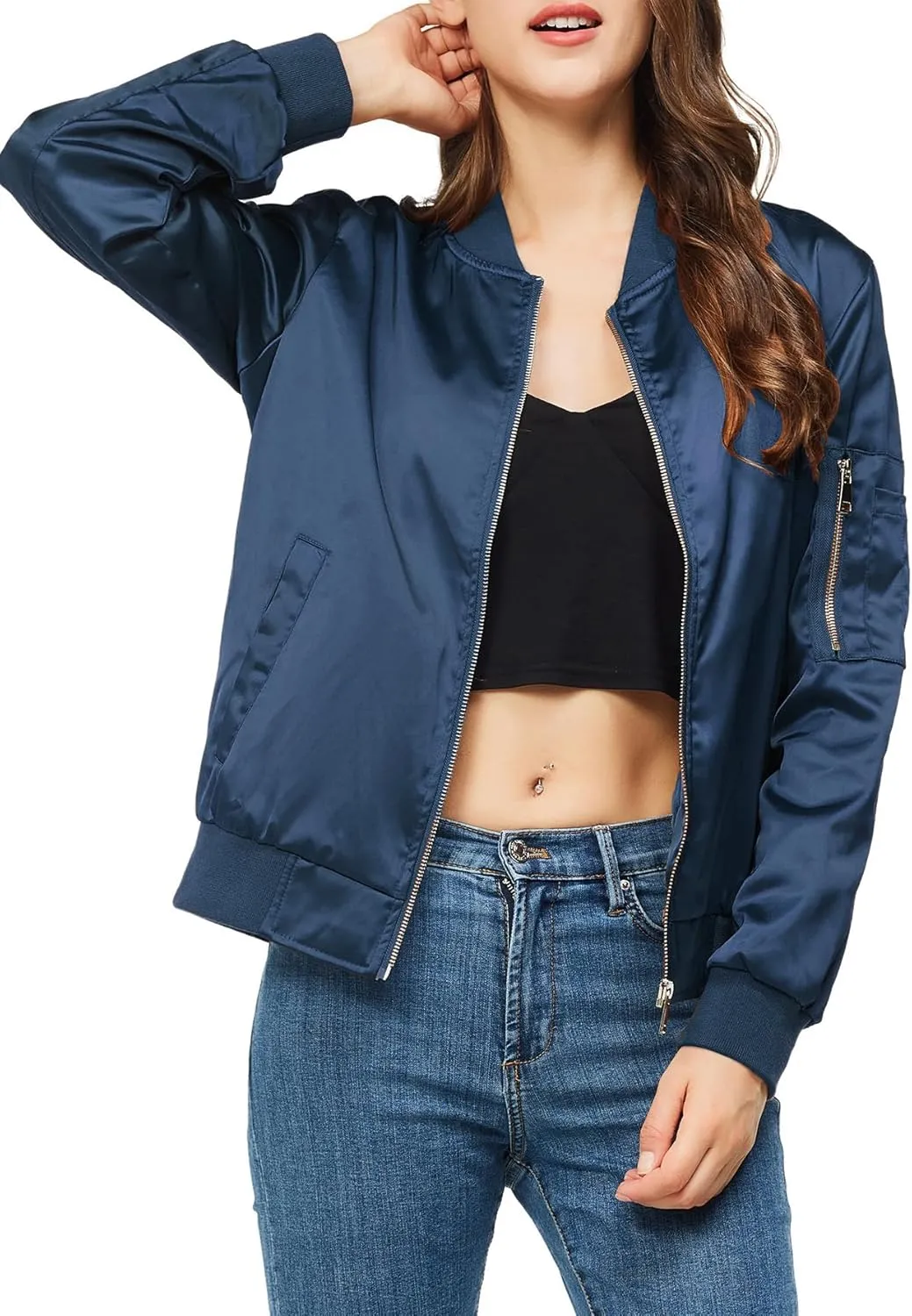 Satin Bomber Jacket Women Casual Fall Varsity Jackets Zip Up Outerwear Windbreaker with Pockets
