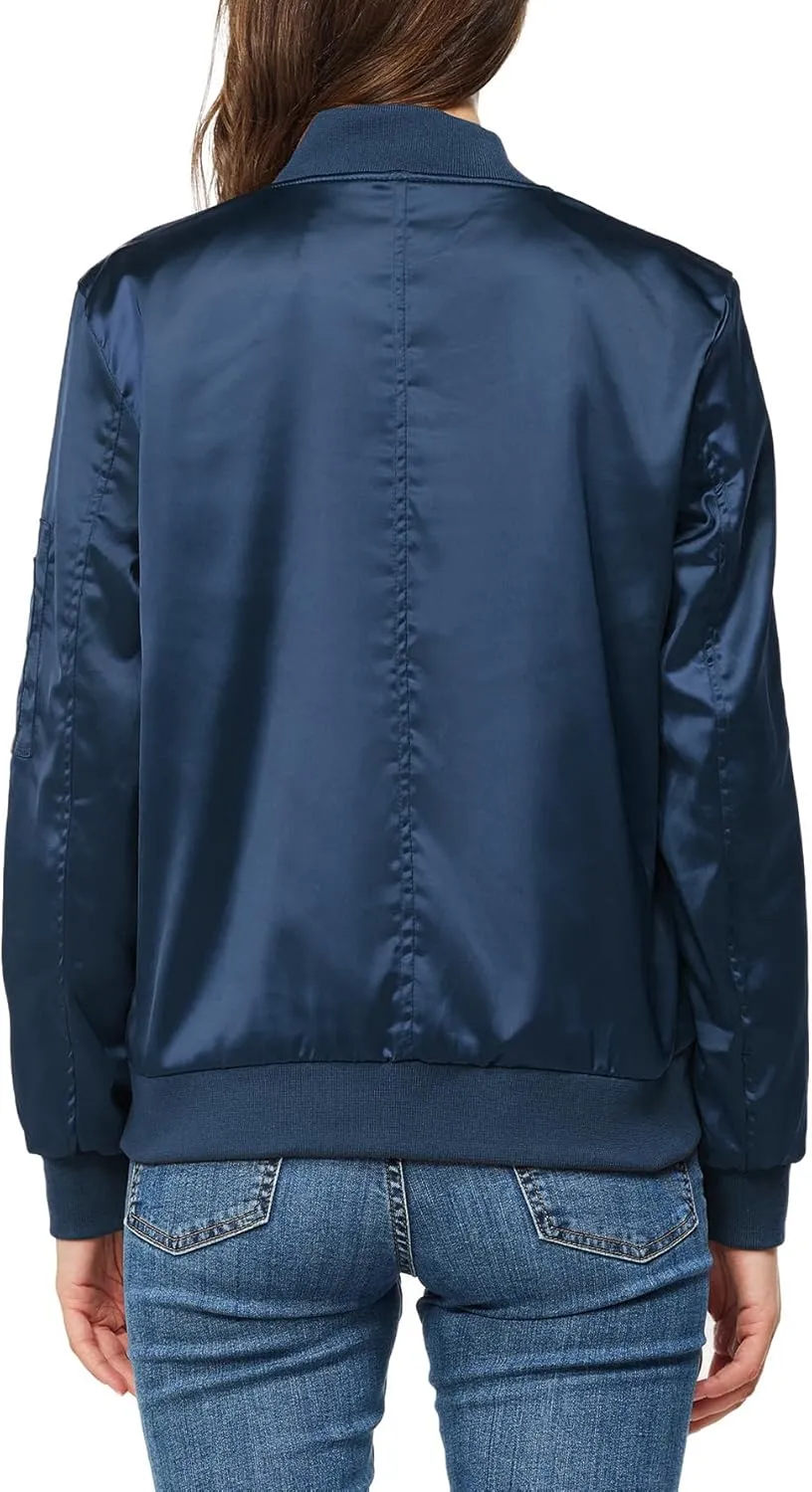 Satin Bomber Jacket Women Casual Fall Varsity Jackets Zip Up Outerwear Windbreaker with Pockets