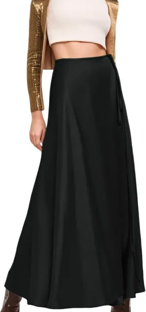 Satin Long Skirts for Women High Waisted Elegant Solid A Line Flowy Casual Silk Long Maxi Satin Skirt