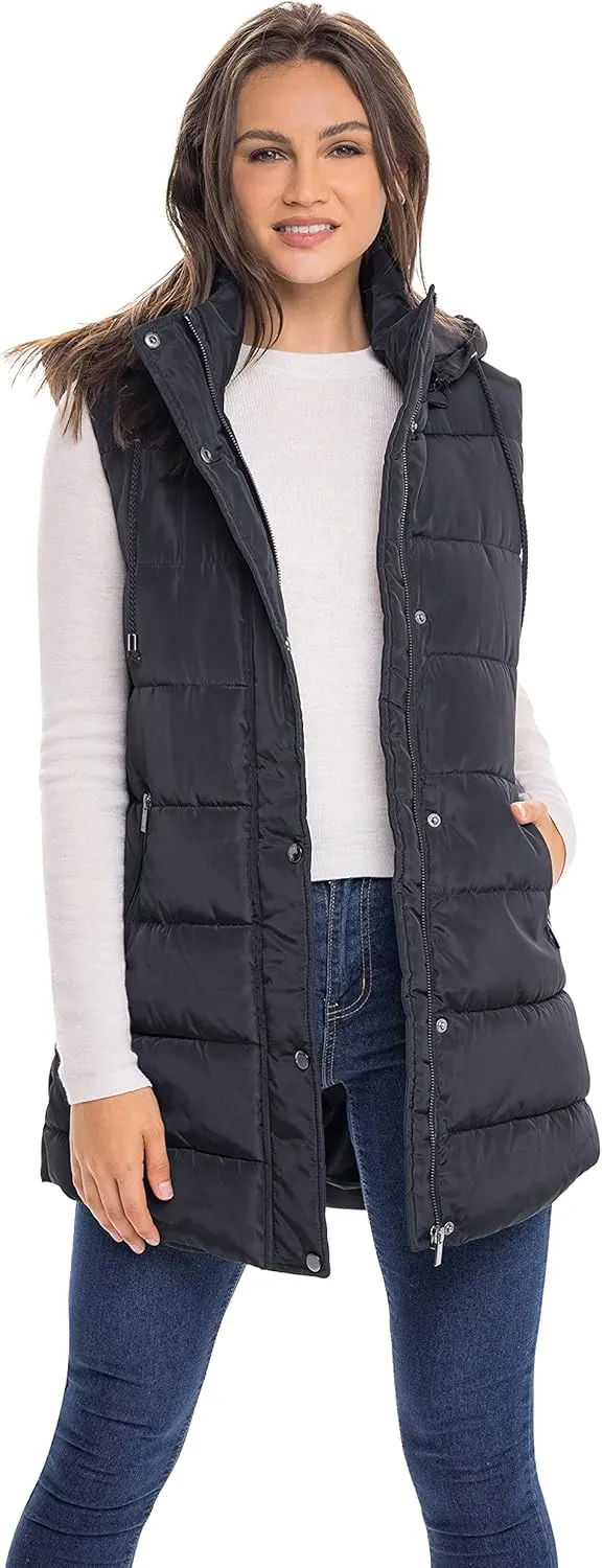 Sebby S.E.B Women's Long Puffer Vest, Quilted Faux Down Filled Hooded Vest for Fall and Winter