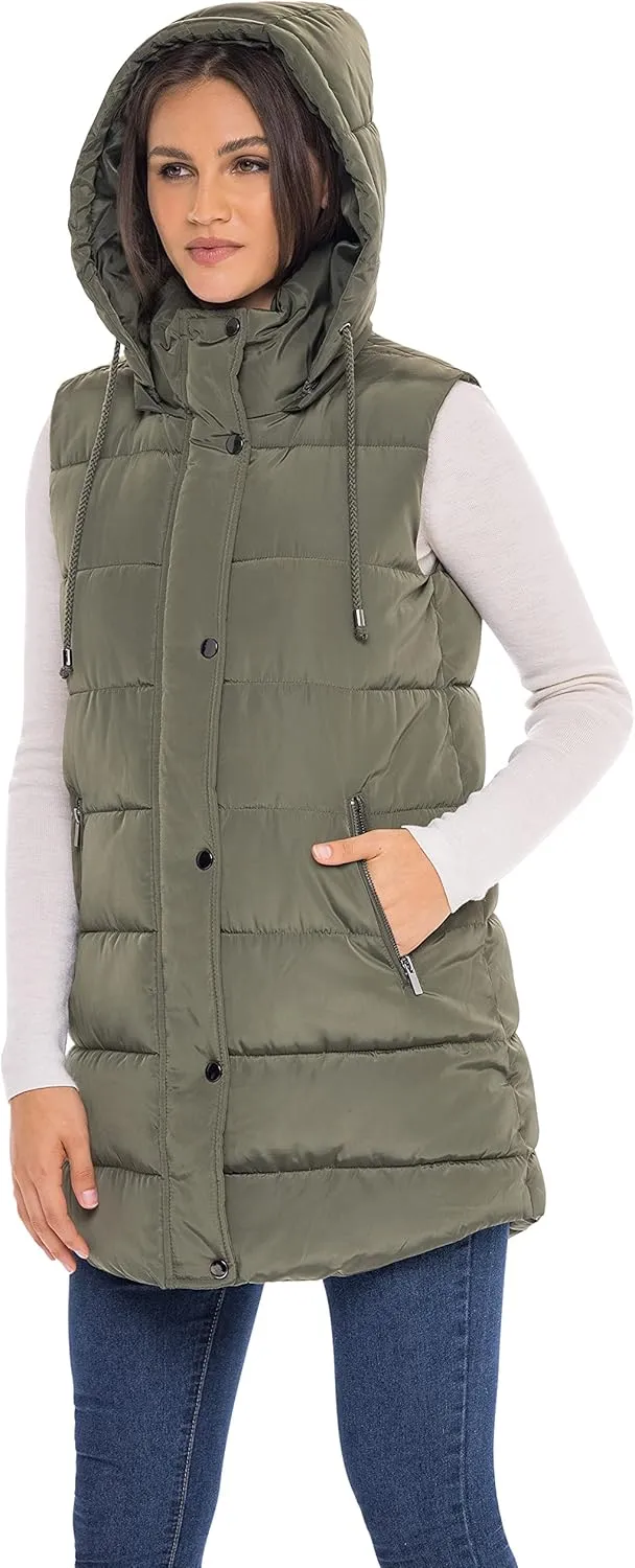 Sebby S.E.B Women's Long Puffer Vest, Quilted Faux Down Filled Hooded Vest for Fall and Winter