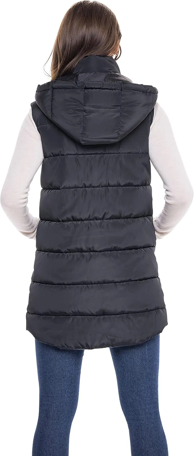 Sebby S.E.B Women's Long Puffer Vest, Quilted Faux Down Filled Hooded Vest for Fall and Winter